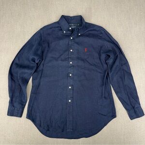 Ralph Lauren 100% Linen Shirt Mens M Classic Fit Navy Blue Button Down Red Pony